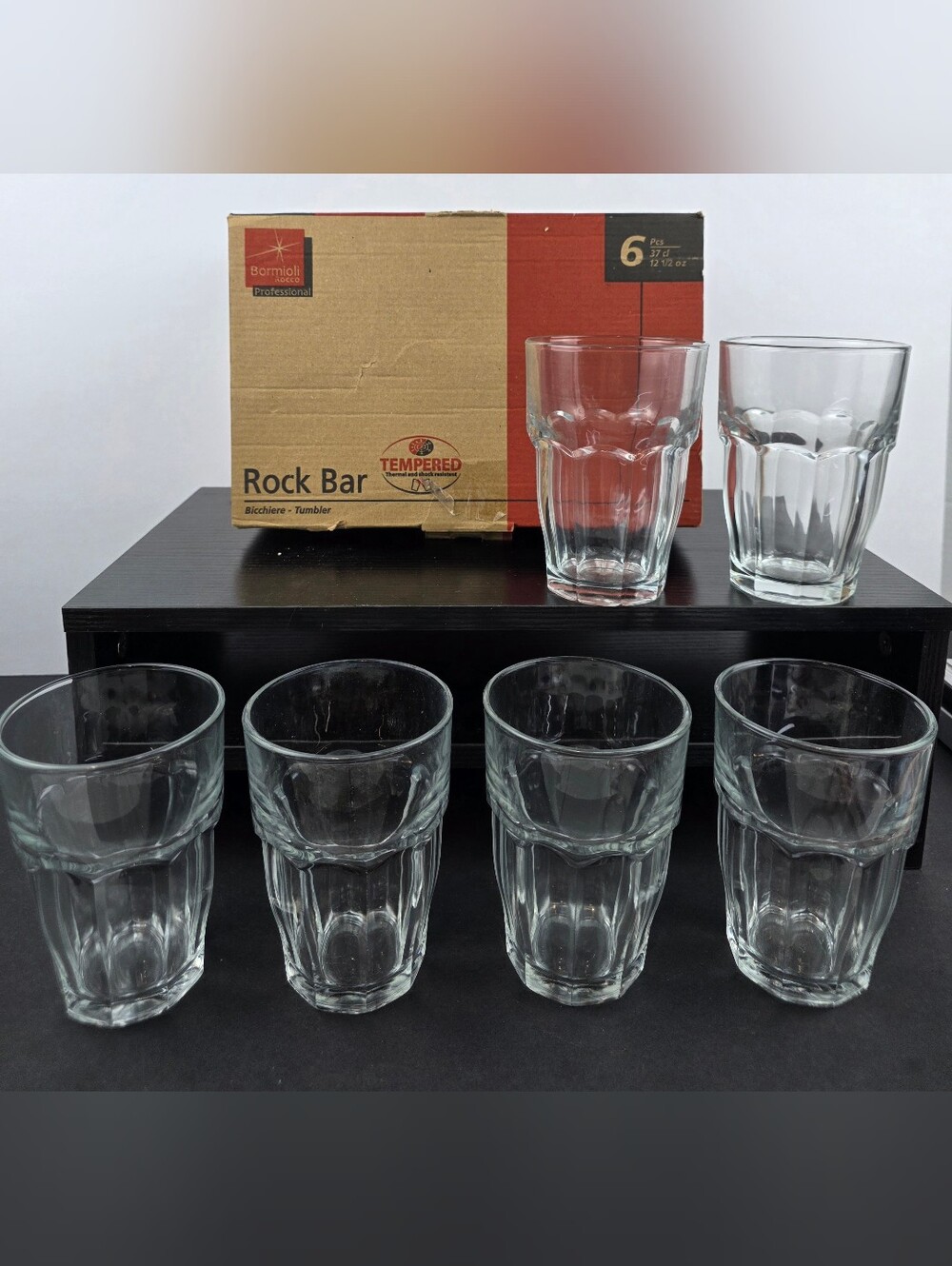 Bormioli Rocco Rock Bar 12.5 oz Tumblers Set of 6 Tempered Glass Italy